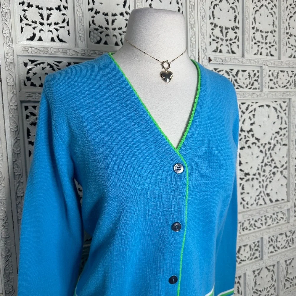 Vintage 70's Haymaker Blue‎ 7 Green Striped Preppy Golf Button Up Cardigan Sz M